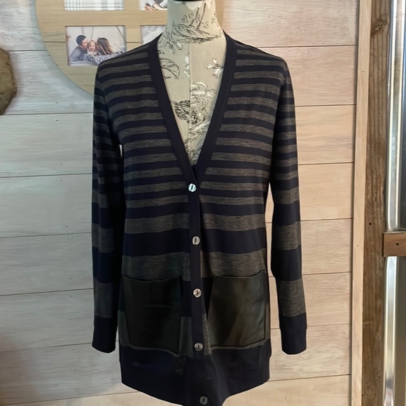 ANN Taylor Navy Gray Striped Cardigan S - Picture 1 of 5
